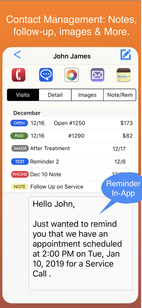 App interface showing contact management features including client history and automated appointment reminders