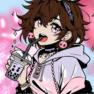 hot baddie anime girl drinking boba and biting the straw