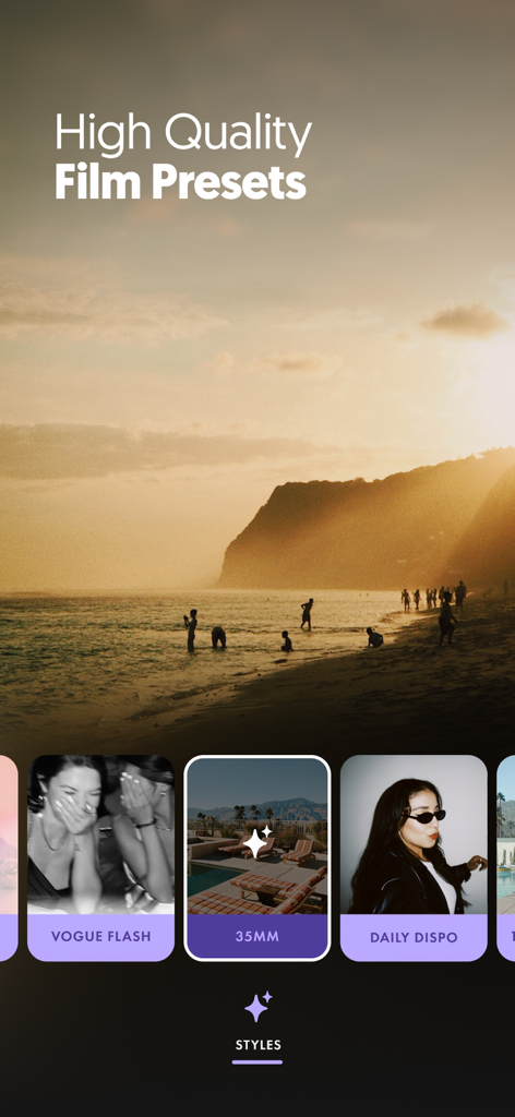 Interface de l'application de retouche photo affichant des préréglages de pellicule de haute qualité et des styles de filtres