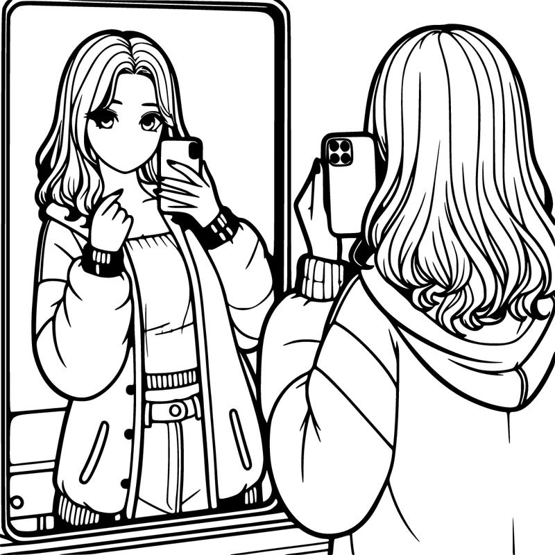 a girl holding her phone and taking a picture at a mirror realistic