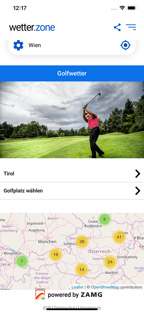 Screenshot of the wetter.zone app showing the specialized golf weather feature with a map of Austria