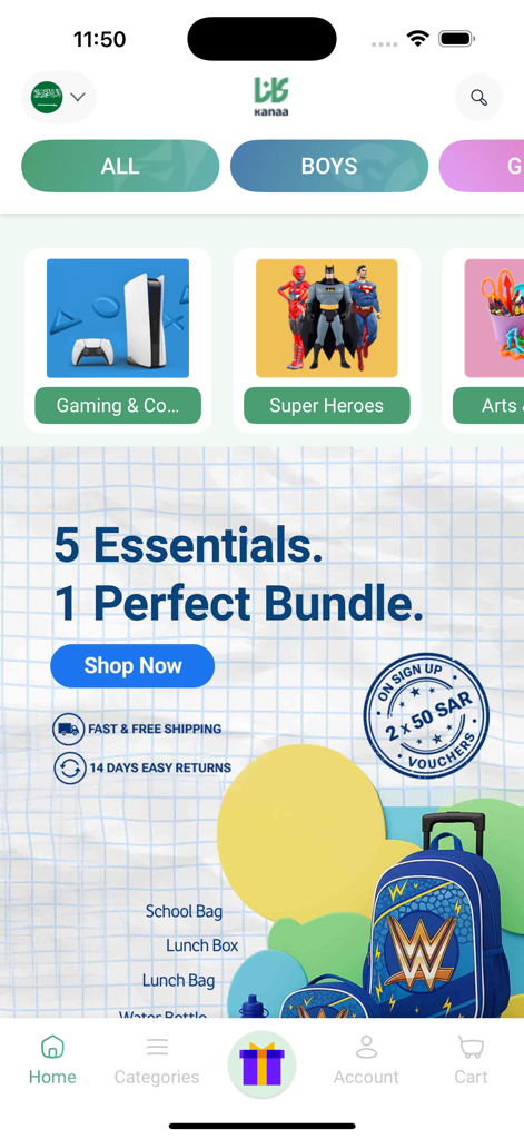 Kanaa Toy Store mobile app interface with toy categories and promotional banner