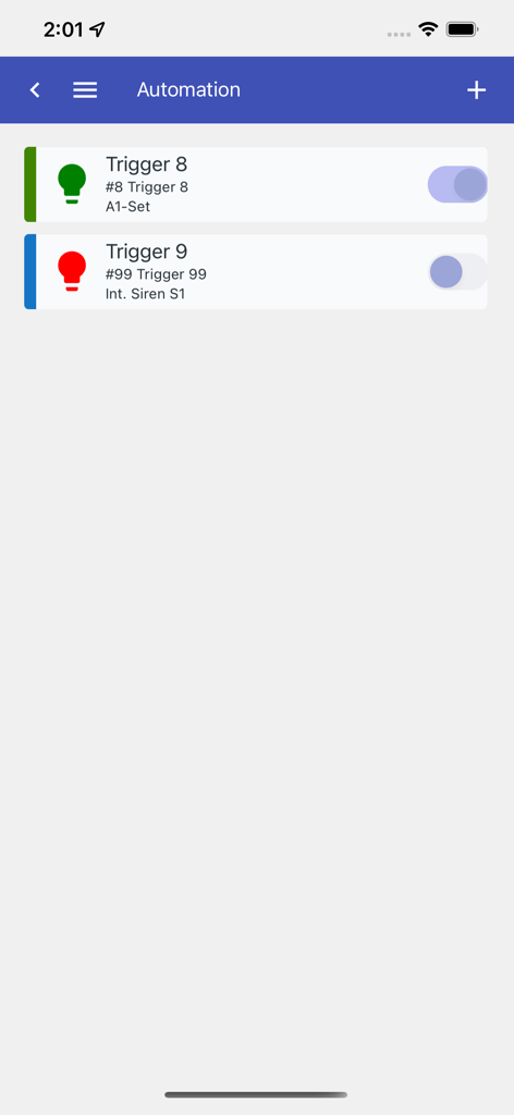 Advisor Advanced Pro - Pantalla de desencadenadores de automatización en la aplicación Advisor Advanced Pro para el control remoto de seguridad
