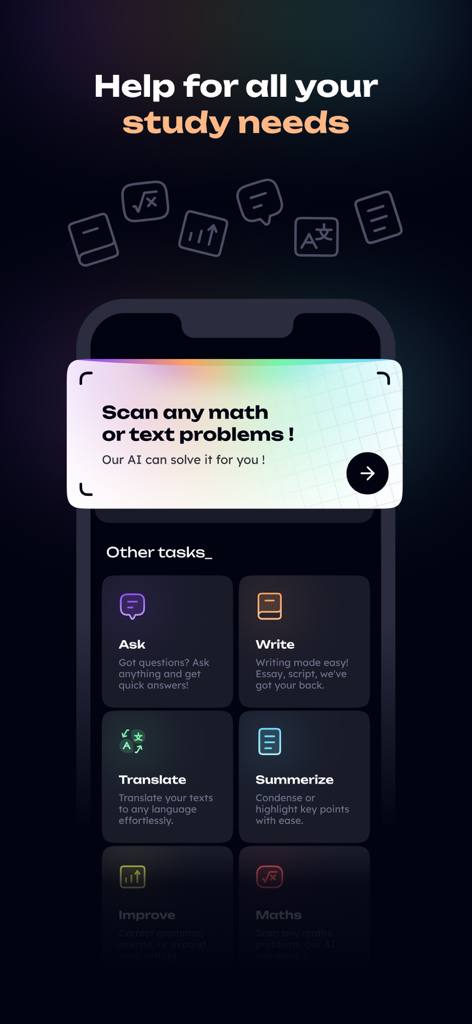 Interface of the HelpMe AI student assistant app showing features like math problem scanning writing help and translation