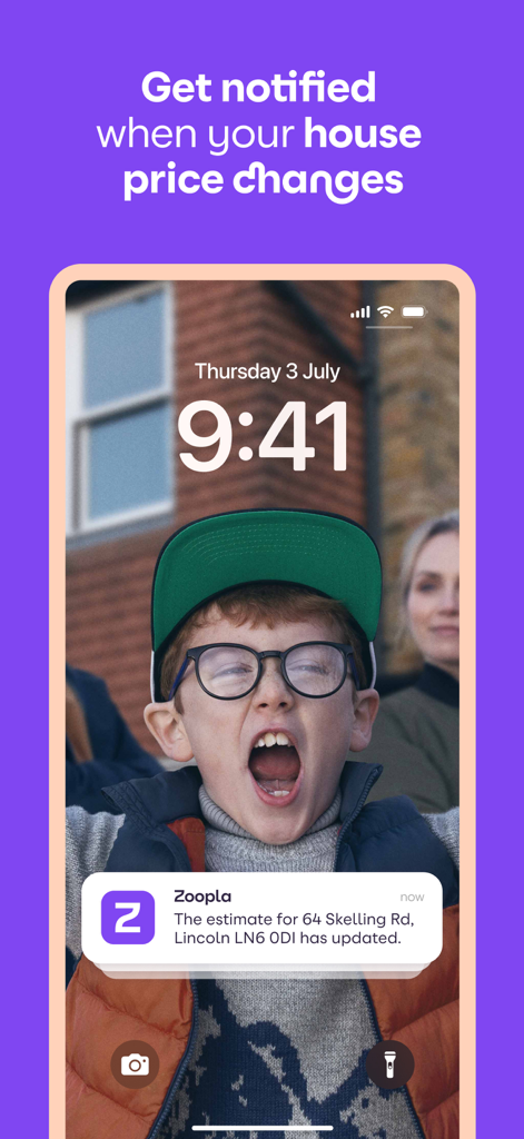 Smartphone lock screen showing a Zoopla push notification for a property price estimate update.