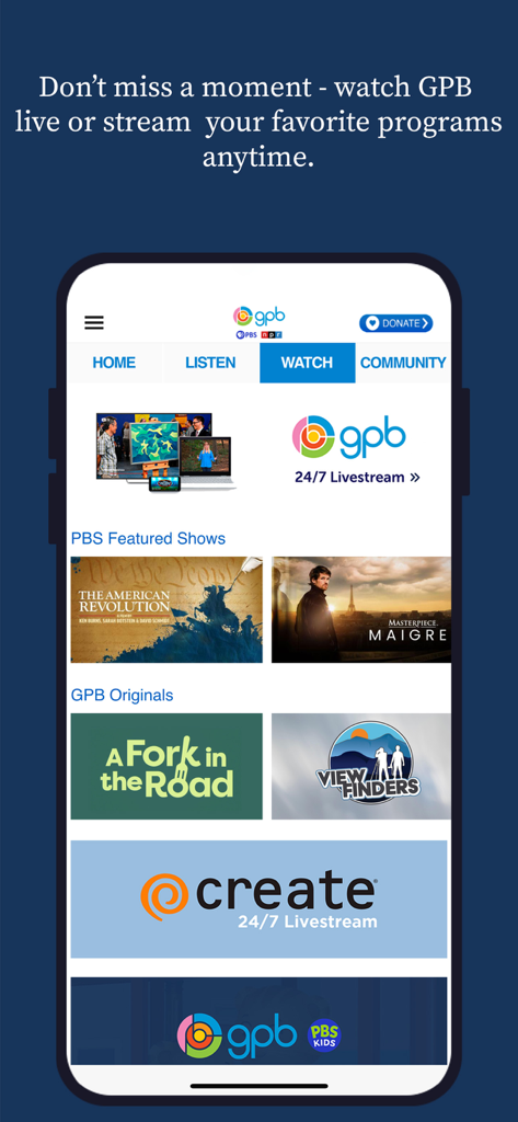 GPB - Screenshot of the GPB app showing the watch tab with live streams and PBS featured programs