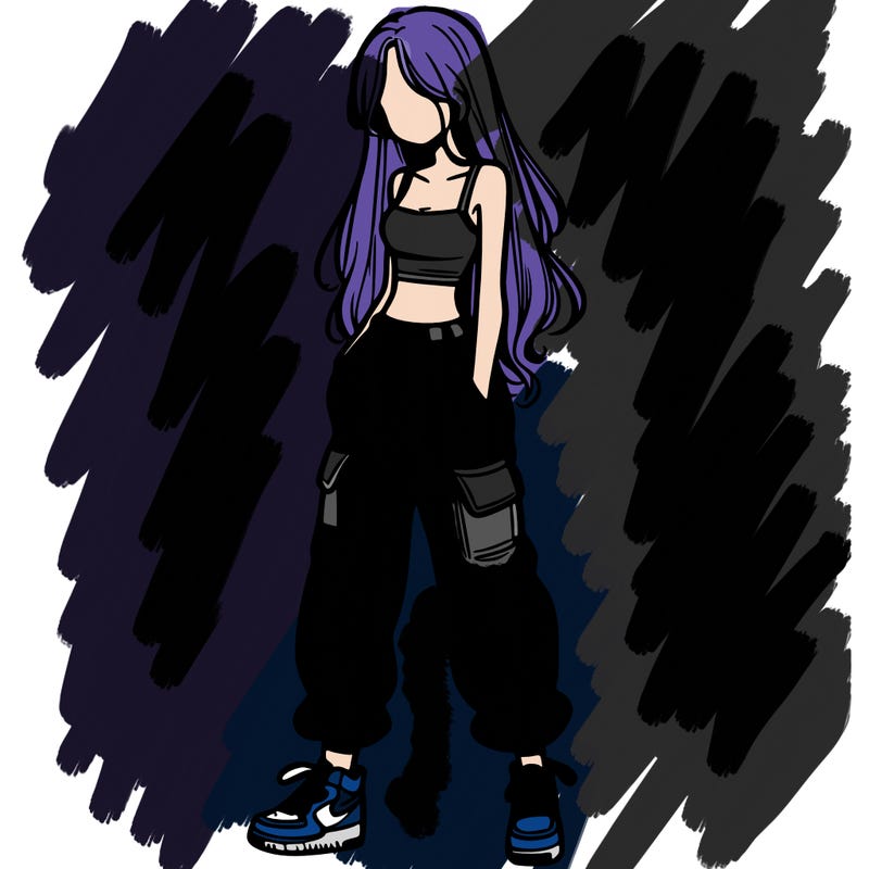 girl in baggy pants crop top and long hair