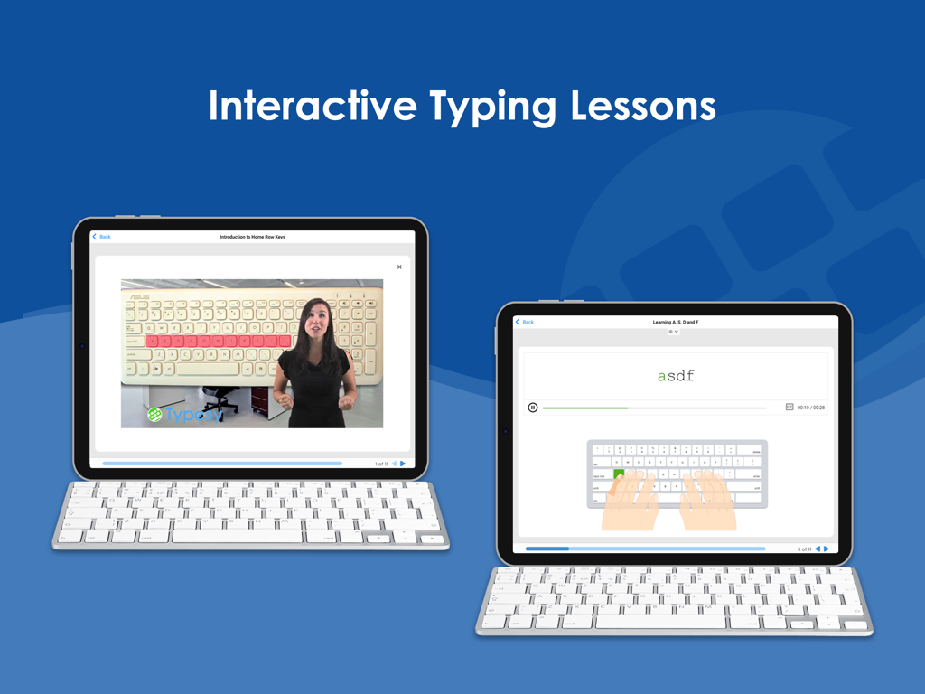 Two iPads showing interactive touch typing lessons and video tutorials on the Typesy app