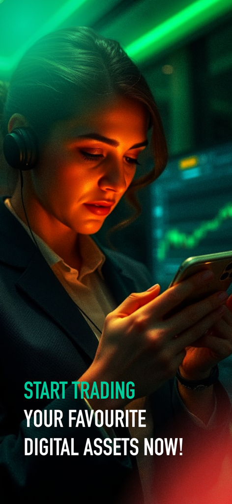Professional woman trader using the Bitfinex mobile app to trade digital assets.