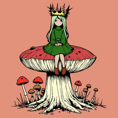 realistic girl sitting on a huge tree stump size toadstool with thorn crown