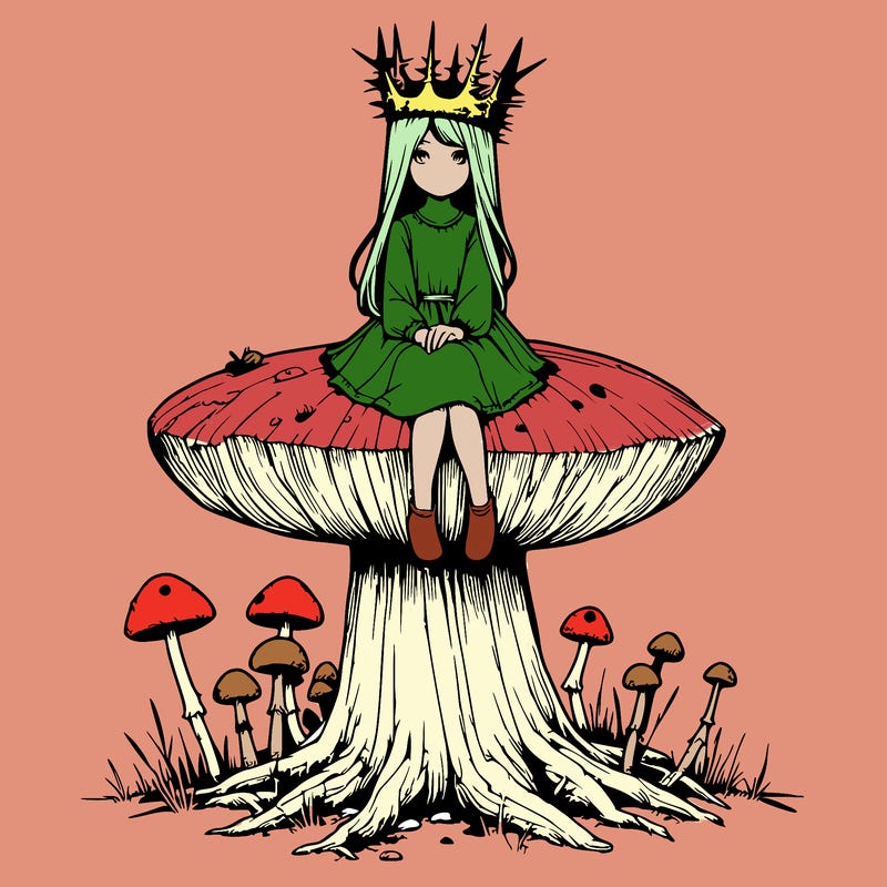 realistic girl sitting on a huge tree stump size toadstool with thorn crown