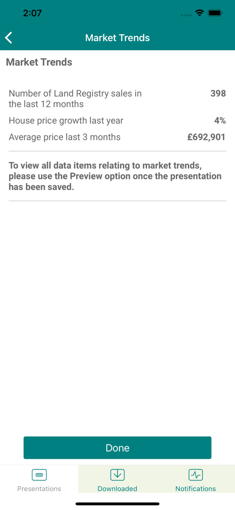 Acaboom - Acaboom-App-Oberfläche, die Markttrends im Immobilienbereich anzeigt, einschließlich des Wachstums der Hauspreise und Daten zu Immobilienverkäufen.