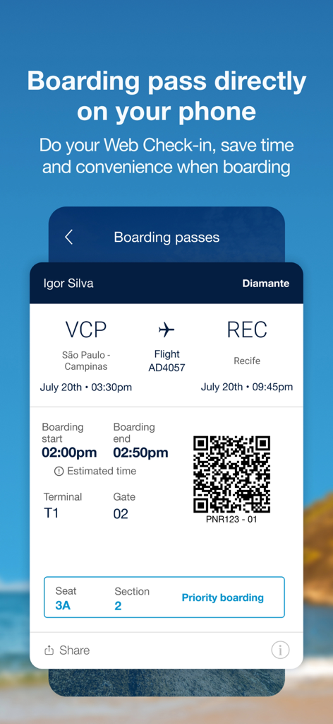 Azul mobile app displaying a digital boarding pass with flight details and QR code