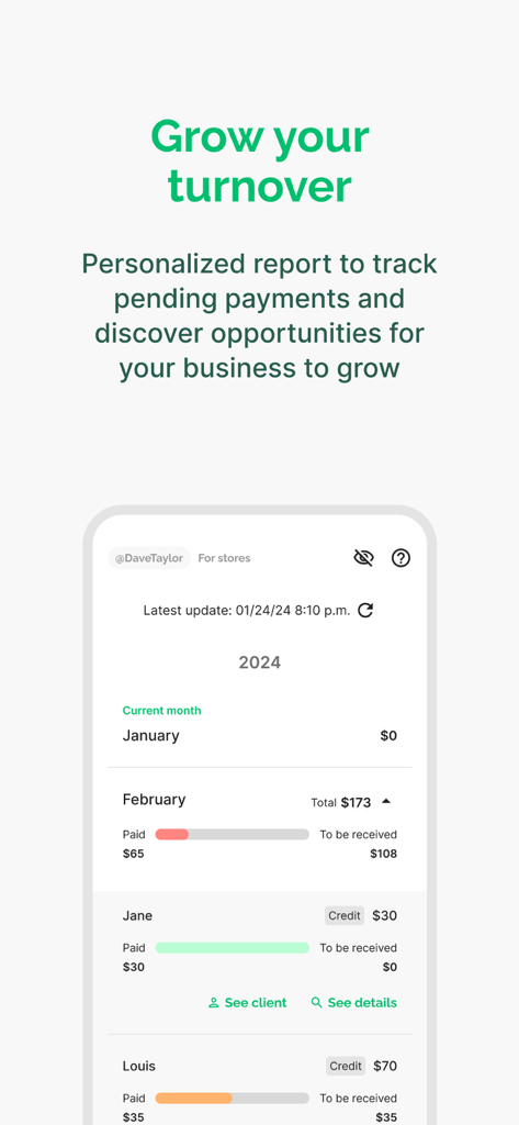 Crediado - Sales management - Tela de aplicativo móvel exibindo um relatório de gerenciamento de vendas com rastreamento de pagamentos efetuados e pendentes para microempreendedores