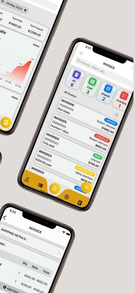 請求書のステータストラッキングとモバイル画面での財務レポートを示す領収書・請求書作成アプリのダッシュボード