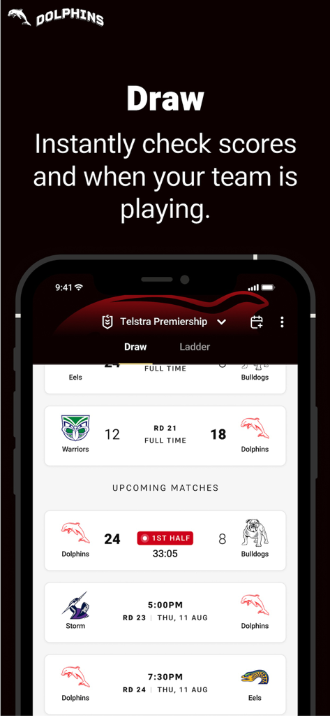 돌고래 NRL 앱 경기 일정 및 점수 화면