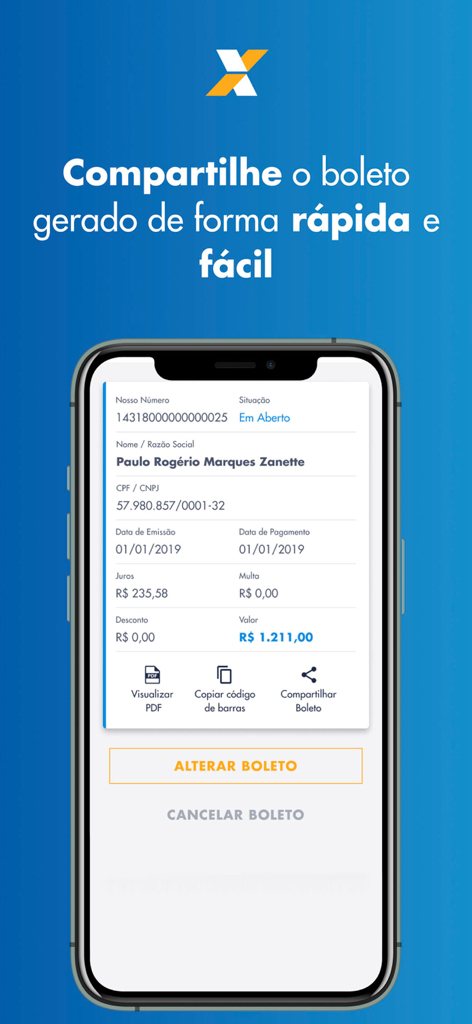 ECobrança CAIXA - Tela de smartphone mostrando a interface do aplicativo ECobrança CAIXA com opções para visualizar, compartilhar ou modificar um boleto bancário gerado.