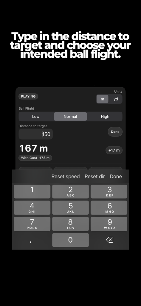 Interface for inputting target distance and ball flight in the Tour Wind Golf app to calculate adjusted yardage.