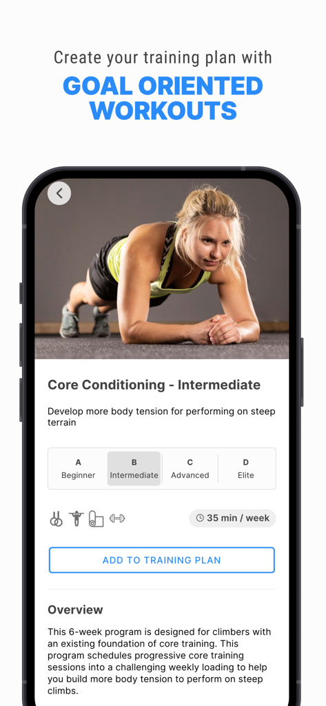 Crimpd - A screenshot of the Crimpd app displaying an intermediate core conditioning training plan for rock climbers