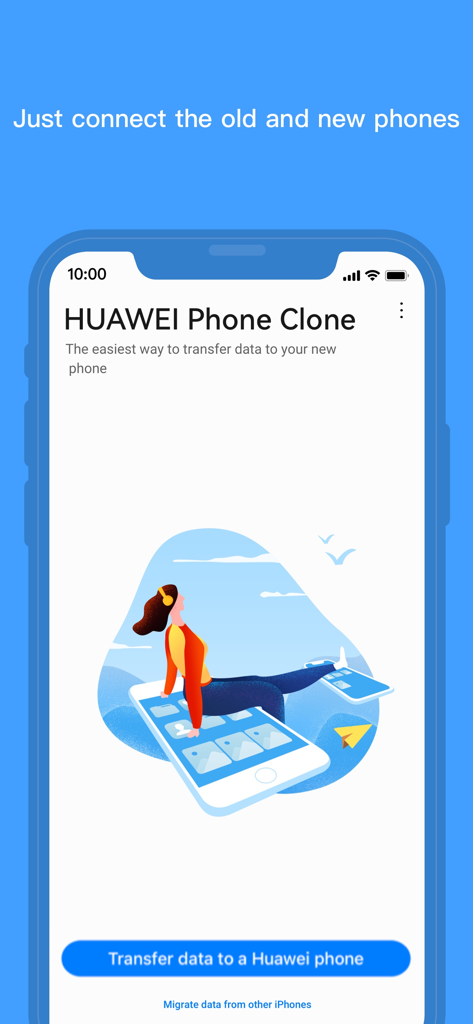 Écran principal de l'application HUAWEI Phone Clone sur un iPhone affichant un bouton permettant de transférer des données vers un téléphone Huawei