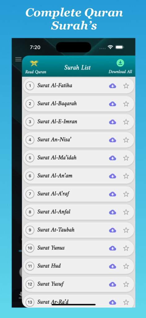 A mobile app interface displaying a list of Quran Surahs with download and favorite icons