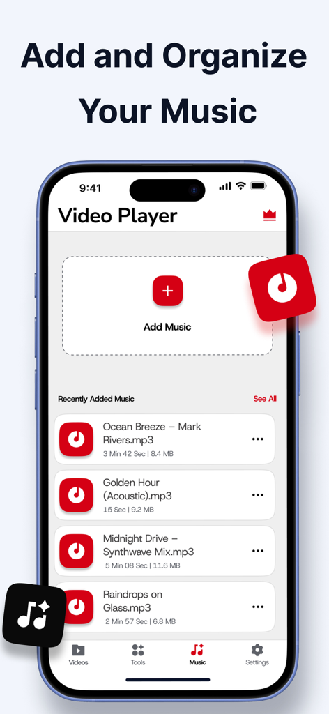 L'interface de la bibliothèque musicale de l'application Y2Mate Downloader montrant une liste de chansons organisées et un bouton d'ajout de musique
