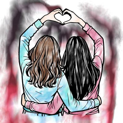 two friends with their backs turned and their hands in a heart realistic