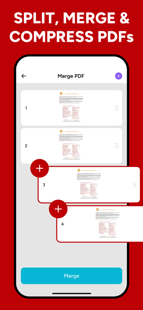 JPG to PDF - PDF Convertor - Interface showing the merge pdf feature with multiple pages being combined in a mobile app
