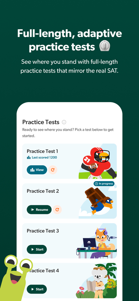 Linus: Digital SAT Prep - Linus app interface showing full length adaptive SAT practice tests with gamified characters