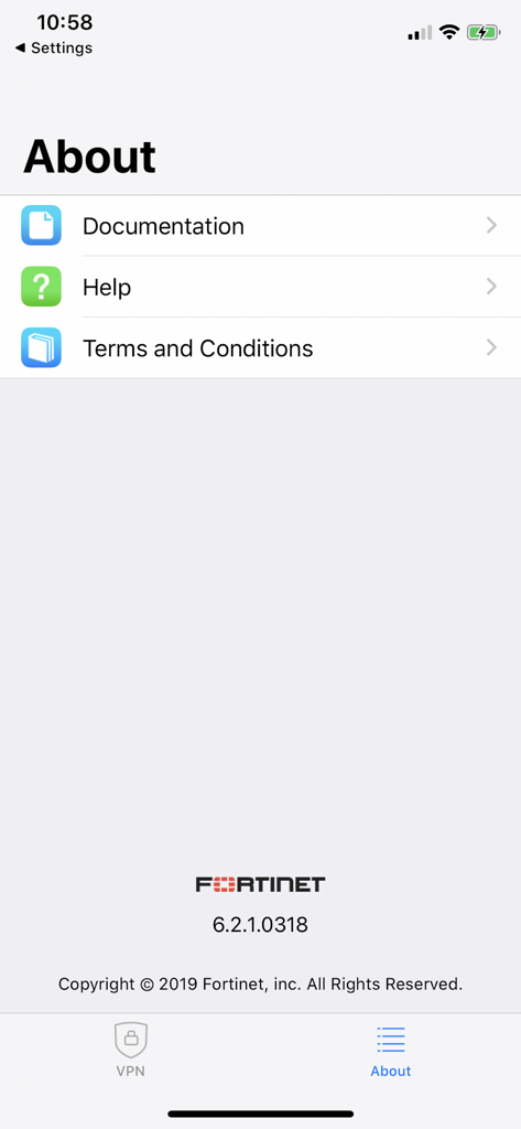 FortiClient VPN - Schermata "Informazioni" dell'app FortiClient VPN con collegamenti per documentazione, aiuto e termini e condizioni.