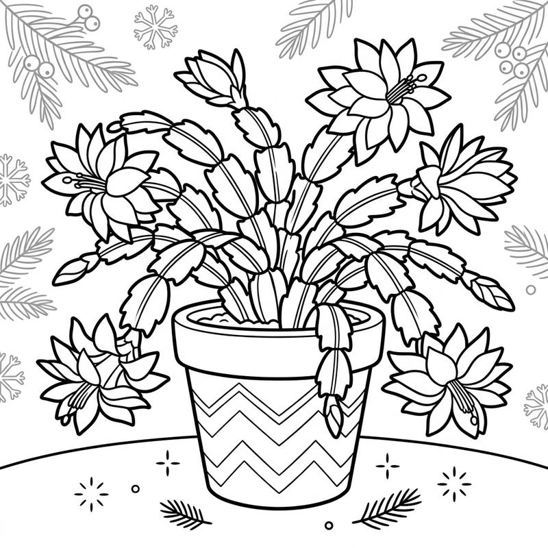 Celebrate the festive season with this delightful Christmas Cactus coloring page, specially designed for children aged 4-8. Kids will love bringing vibrant colors to this beautiful blooming plant and its charming winter background details.