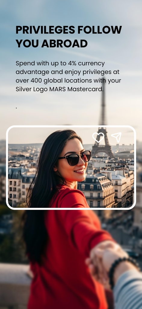 MARS Mobile Finance Services - MARS app promotional screen showing global travel benefits and currency advantages with a woman in Paris