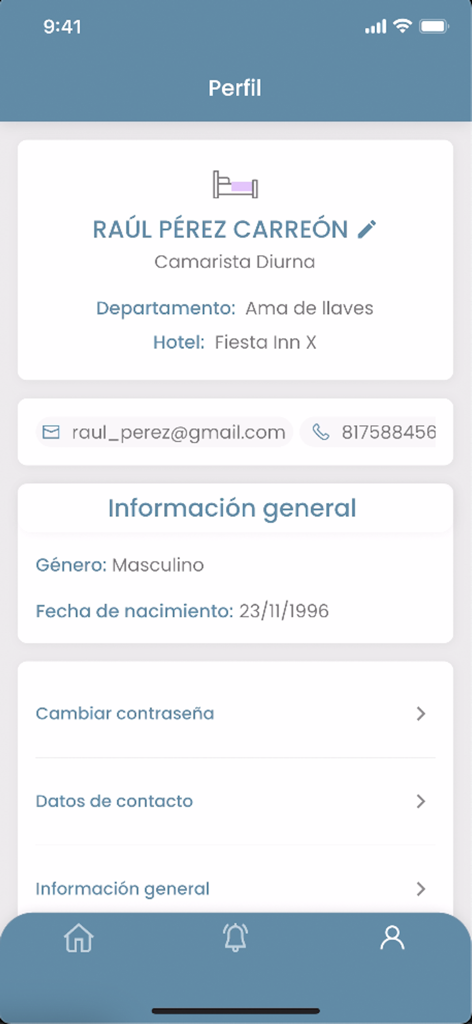 Innsist HoS - Staff profile screen in the Innsist HoS hospitality app showing employee details and account settings