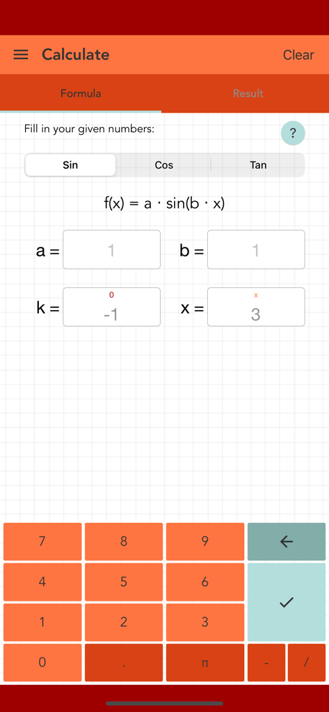 Sine Cosine Tangent PRO - Sine function formula input screen with numeric keyboard for trigonometric calculations