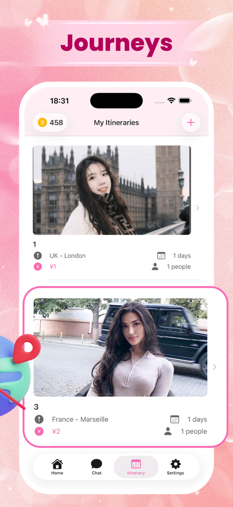 Funce - Pink interface of the Funce app displaying personal travel itineraries
