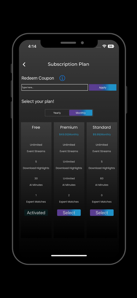 Stupa Analytics - Stupa Analytics subscription plan screen showing Free Premium and Standard tiers