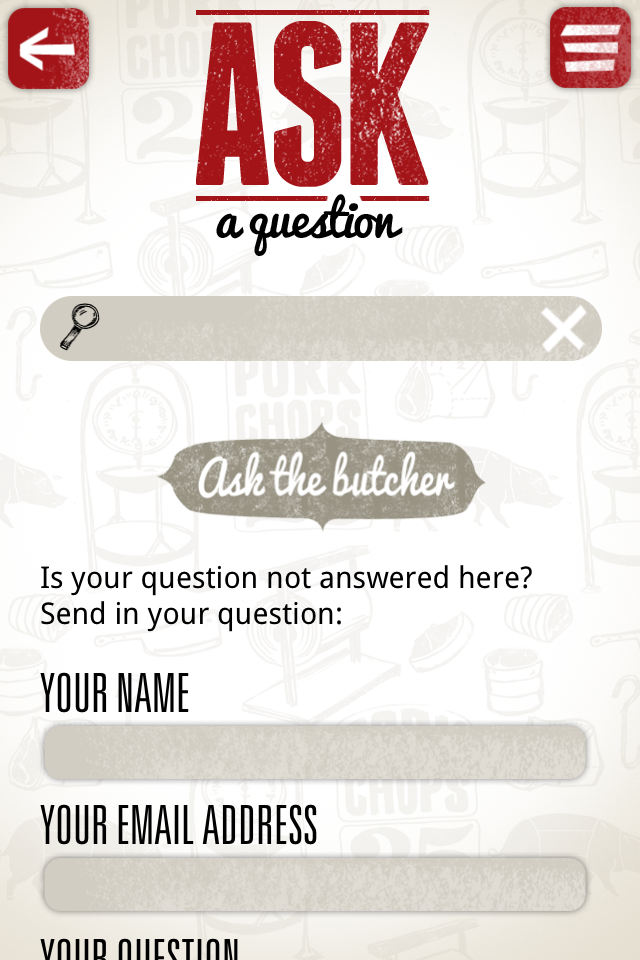 Ask The Butcher - A contact form in the Ask The Butcher app for users to send questions about meat preparation directly to a professional butcher.