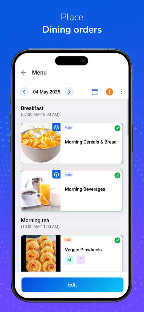 Centrim Life app interface for selecting daily breakfast and tea menu items