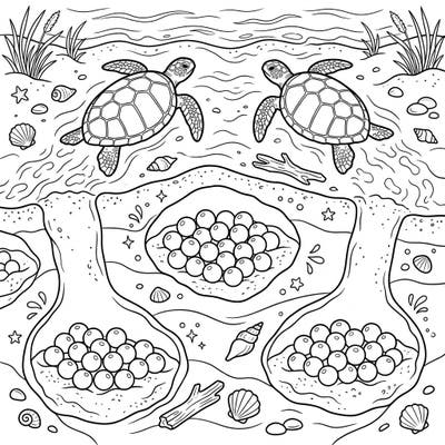 Journey to the sandy shores where magnificent sea turtles lay their eggs in hidden nests. This engaging coloring page invites kids to discover the marvels of marine life and the secret world beneath the sand.