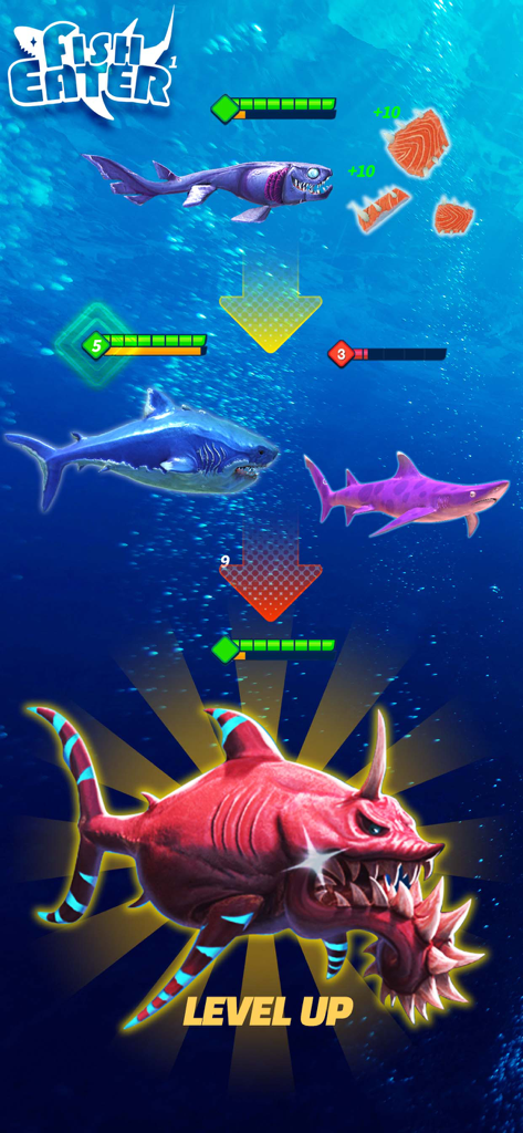 Underwater gameplay of Fish Eater.io showing a fish evolving through levels into a monstrous red shark