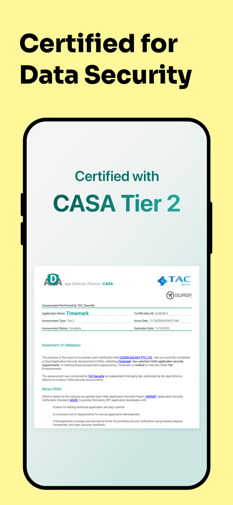 Timemark app display showing its CASA Tier 2 data security certification from the App Defense Alliance.