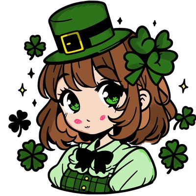 a manga-style girl with clovers around her, a little hat in her hair, like it's saint patrick's day