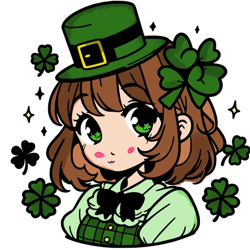 a manga-style girl with clovers around her, a little hat in her hair, like it's saint patrick's day