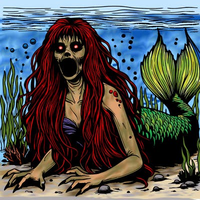 scary realistic mermaid under water with long hair