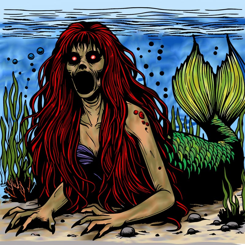 scary realistic mermaid under water with long hair