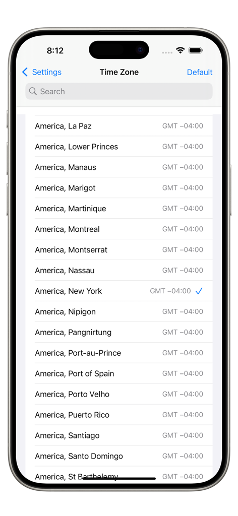 Time zone selection screen in the Forex Strength Meter app
