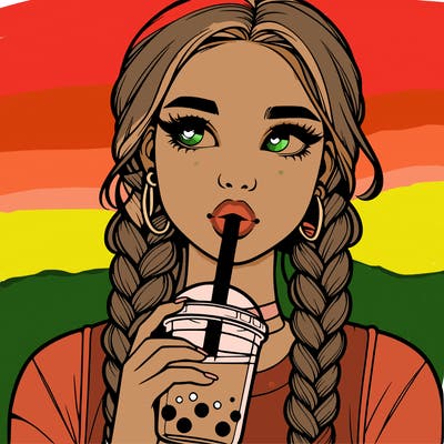 realistic girl with braided hair drinking boba