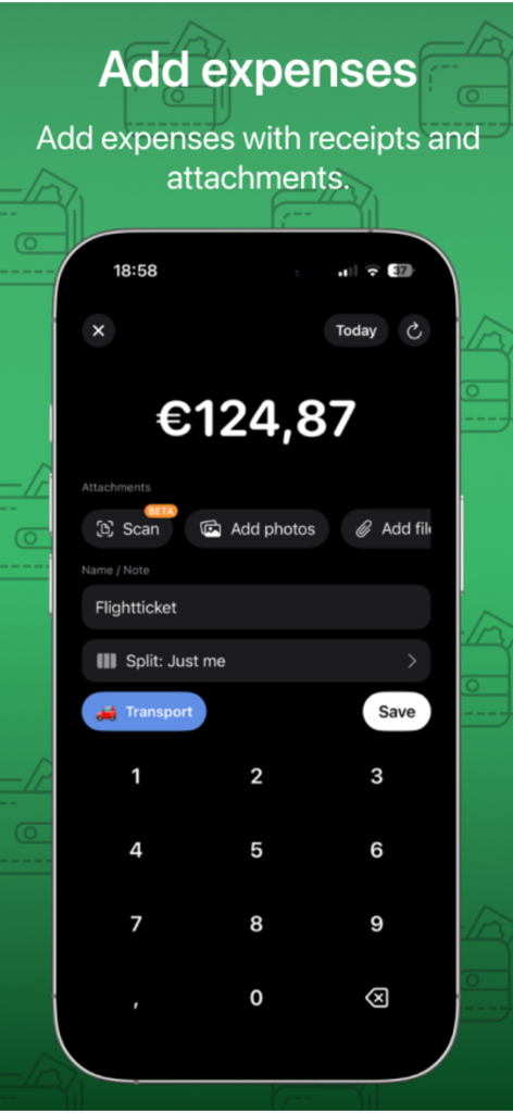 Costify: Expense Tracker - Interface of the Costify app showing how to add an expense with receipt attachments and category selection in dark mode.