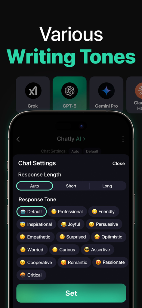 Chatly: AI Chatbot & Assistant - Chatly AI app interface showing writing tone options including professional friendly and persuasive