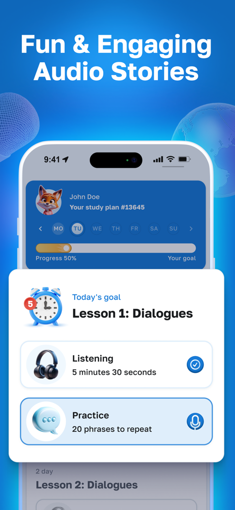 Lisn Learn Speak English Audio - The Lisn app interface showing a personalized English study plan with audio stories and practice exercises